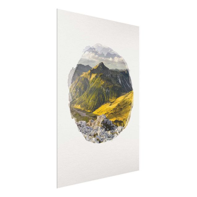 Glasbild Landschaften Wasserfarben - Berge und Tal der Lechtaler Alpen in Tirol