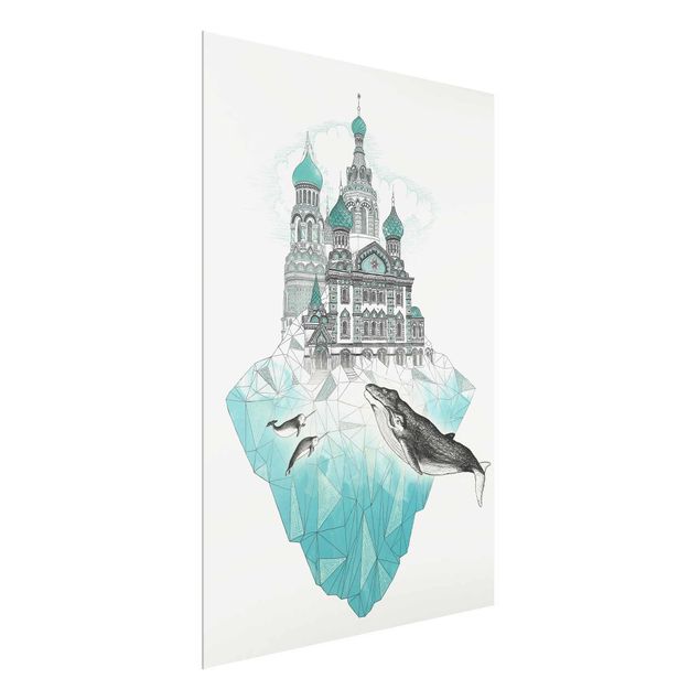 Schwarz-Weiß Glasbilder Illustration Kirche mit Kuppeln und Wal