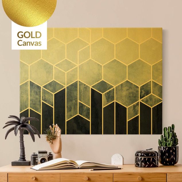 Wandbilder abstrakt Goldene Geometrie - Sechsecke Blau Weiß
