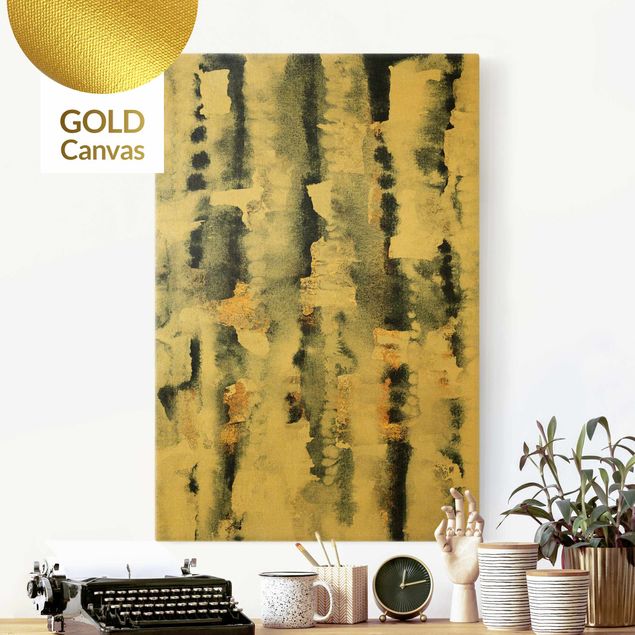 Leinwandbild Gold - Abstraktes Aquarell mit Gold - Hochformat 2:3