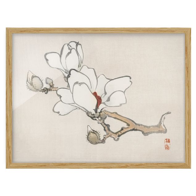 Wandbilder mit Rahmen Asiatische Vintage Zeichnung Weiße Magnolie