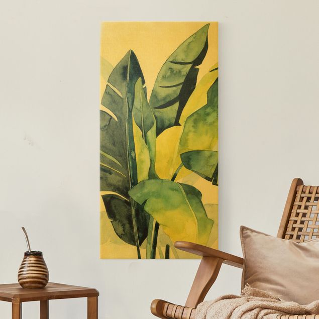 Leinwandbild Gold - Tropisches Blattwerk - Banane - Hochformat 1:2