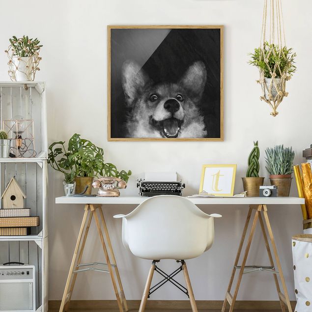 Schwarz-Weiß Bilder mit Rahmen Illustration Hund Corgi Malerei Schwarz Weiß