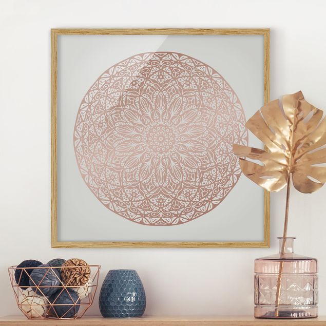 Kunstdruck Bilder mit Rahmen Mandala Ornament in Kupfergold