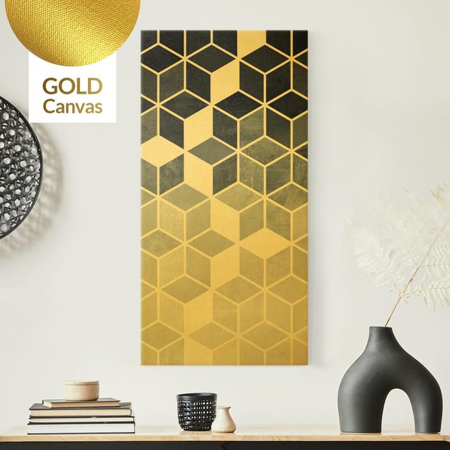 Leinwandbild Gold - Goldene Geometrie - Blau Weiß - Hochformat 1:2