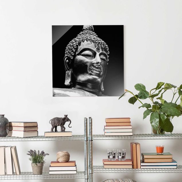 Glasbilder Schwarz-Weiß Buddha Statue Gesicht