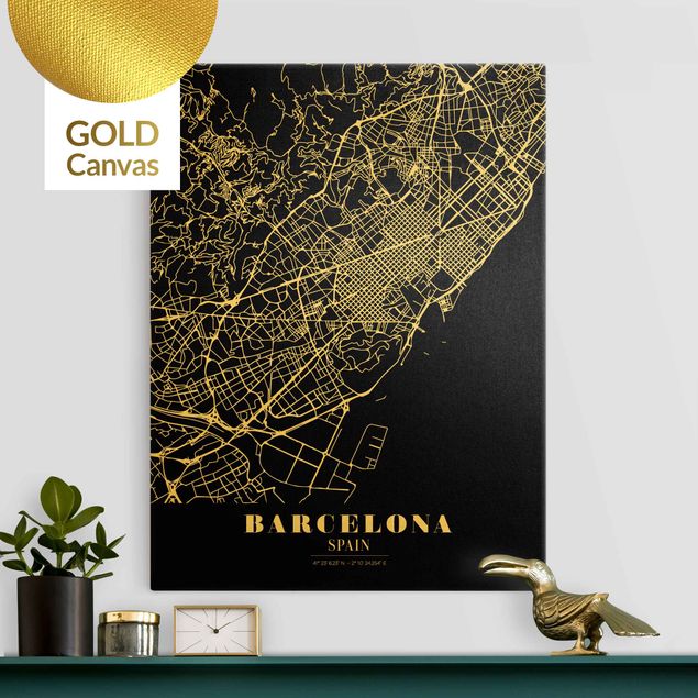 Leinwandbild Gold - Stadtplan Barcelona - Klassik Schwarz - Hochformat 3:4
