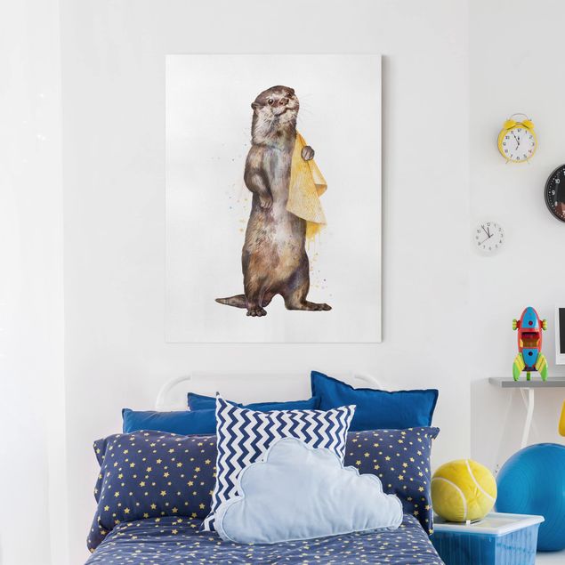Leinwandbilder XXL Illustration Otter mit Handtuch Malerei Weiß