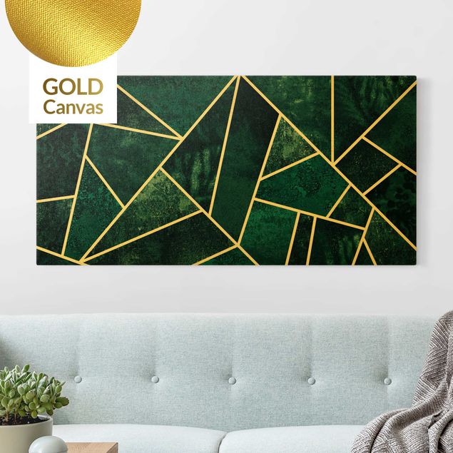 Leinwandbild Gold - Goldene Geometrie - Dunkles Türkis - Querformat 2:1