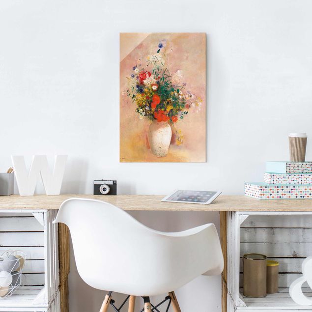 Glasbilder Pflanzen Odilon Redon - Vase mit Blumen (rosenfarbener Hintergrund)