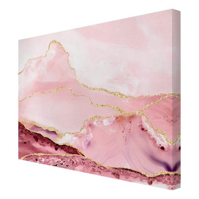 Wandbilder Abstrakte Berge Rosa mit Goldenen Linien