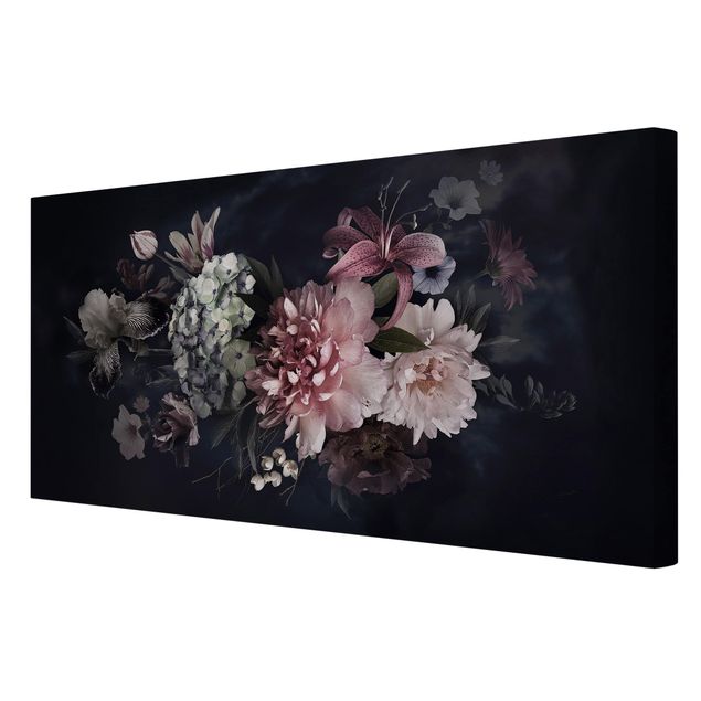 Leinwandbild - Blumen mit Nebel auf Schwarz - Querformat 1:2