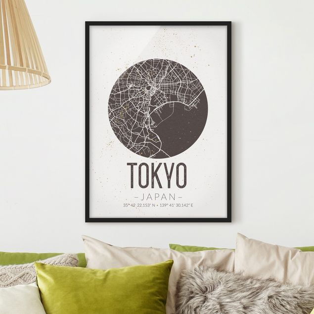 Gerahmte Bilder Schwarz-Weiß Stadtplan Tokyo - Retro