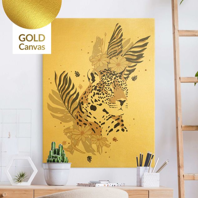 Leinwandbild Gold - Safari Tiere - Portrait Leopard - Hochformat 3:4