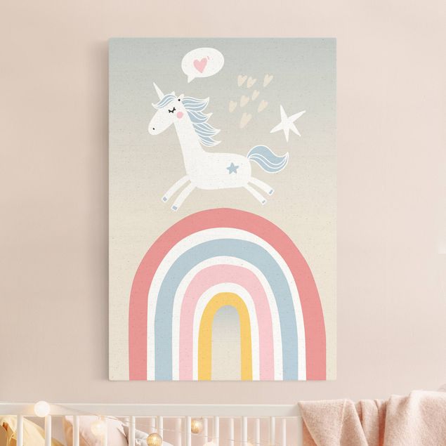 Wandbilder Tiere Einhorn auf Regenbogen in Pastell