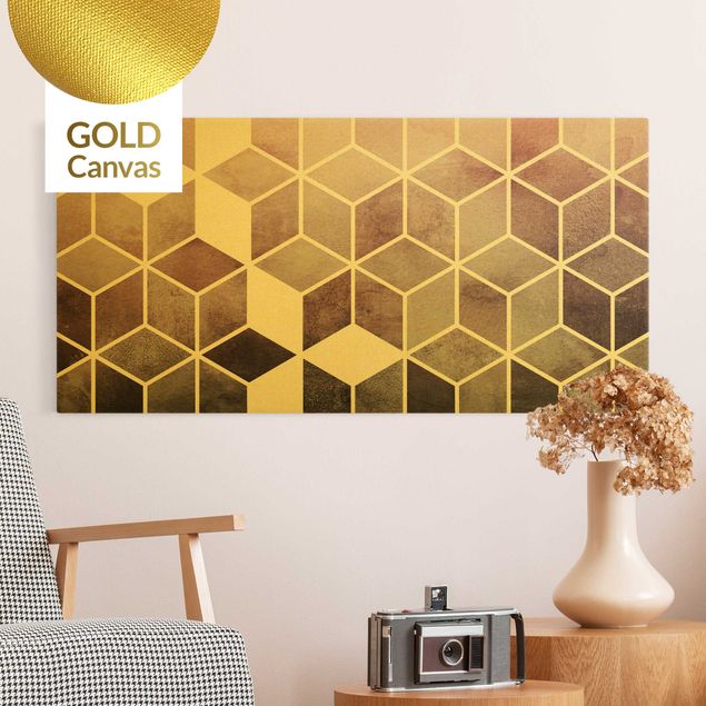Leinwandbild Gold - Goldene Geometrie - Rosa Grau - Querformat 2:1