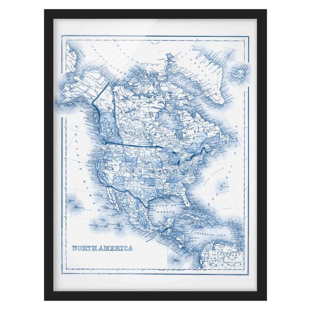 Bild mit Rahmen - Karte in Blautönen - Nordamerika - Hochformat 4:3