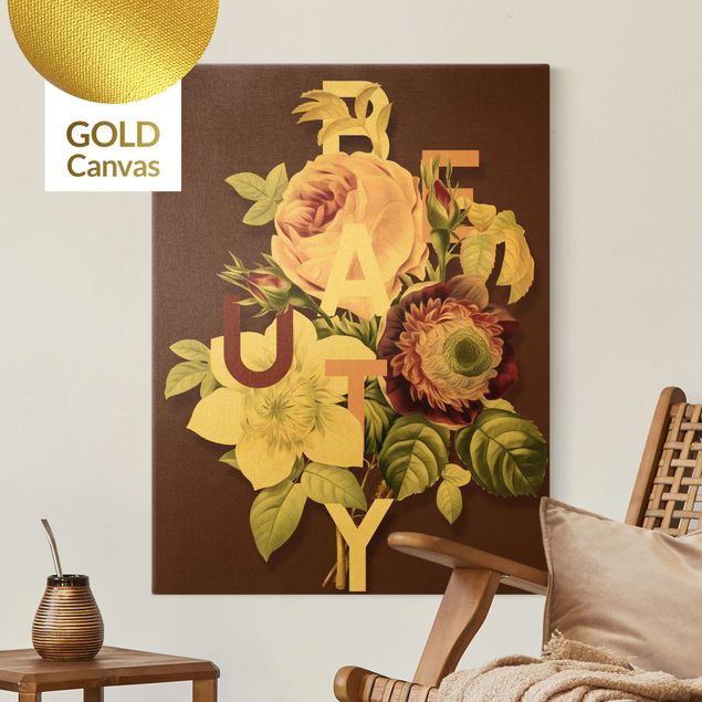 Leinwandbild Gold - Florale Typografie - Beauty - Hochformat 3:4
