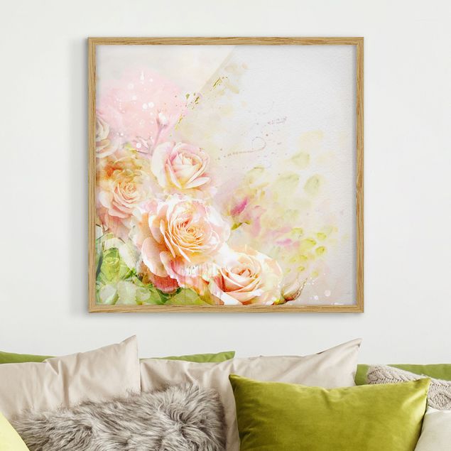 Blumen Bilder mit Rahmen Aquarell Rosen Komposition