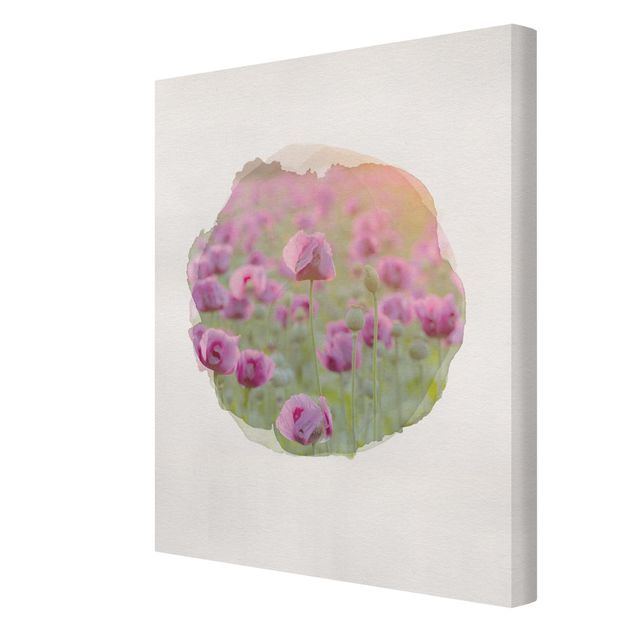 Bilder auf Leinwand Wasserfarben - Violette Schlafmohn Blumenwiese im Frühling