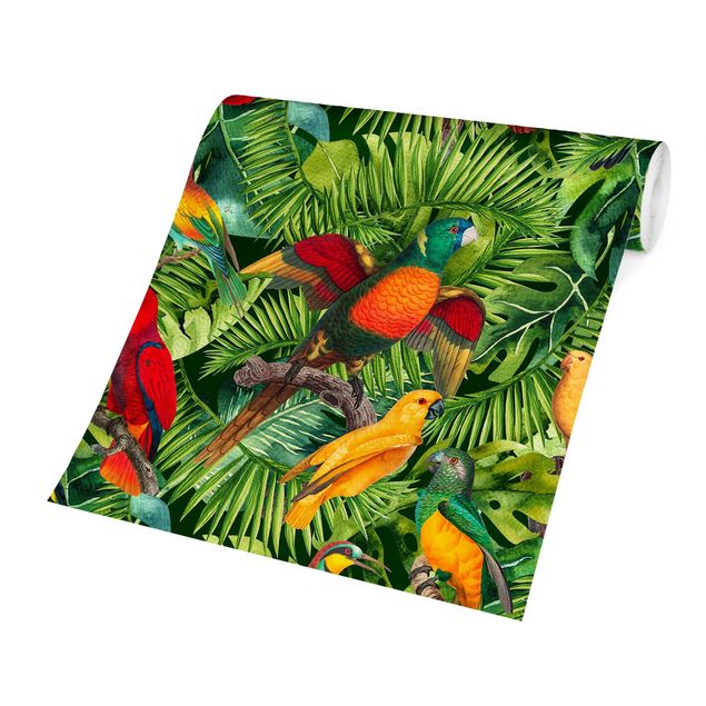 Tiertapete Bunte Collage - Papageien im Dschungel