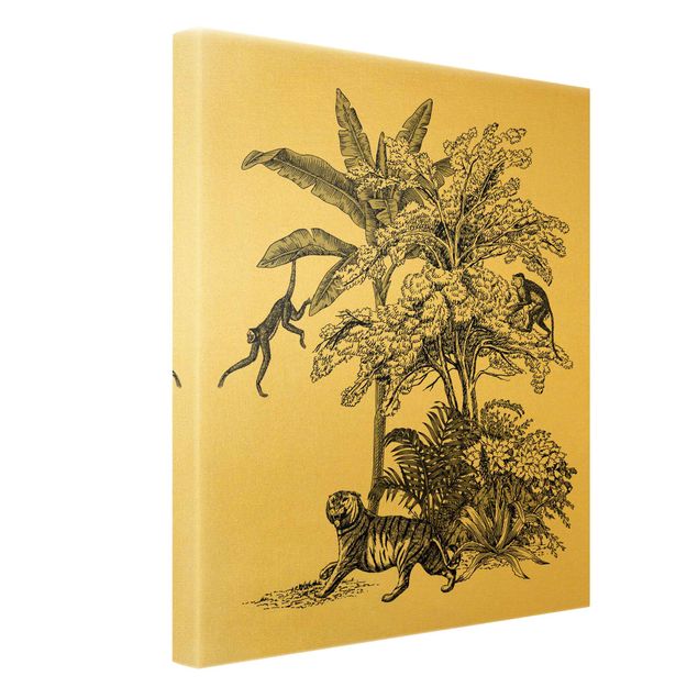 Leinwandbild Gold - Vintage Illustration - Kletternde Affen - Hochformat 4:3