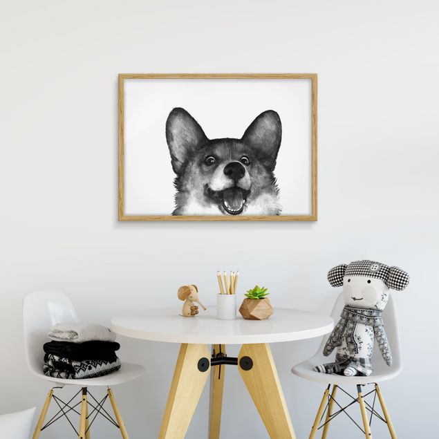 Kunstdruck Bilder mit Rahmen Illustration Hund Corgi Weiß Schwarz Malerei