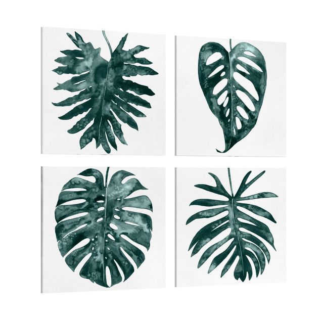 Moderne Leinwandbilder Wohnzimmer Smaragdgrüne Blätter Set I