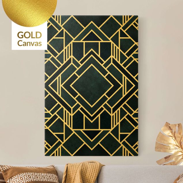 Leinwandbild Gold - Goldene Geoemetrie - Art Deco Blau - Hochformat 2:3