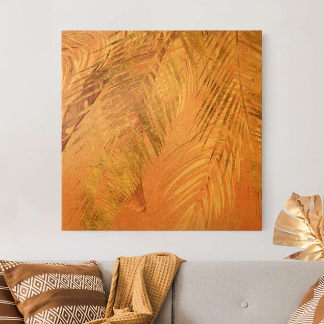 Leinwandbild Gold - Palmenblätter Rosa und Gold III - Quadrat 1:1