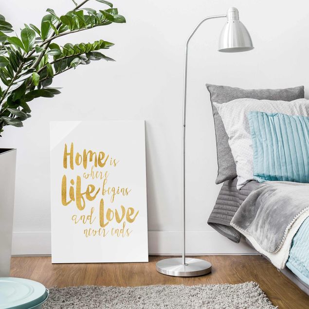 Glasbild Spruch Home is where Life begins Gold