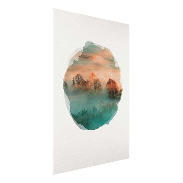 Glasbilder Natur Wasserfarben - Nebel bei Sonnenaufgang