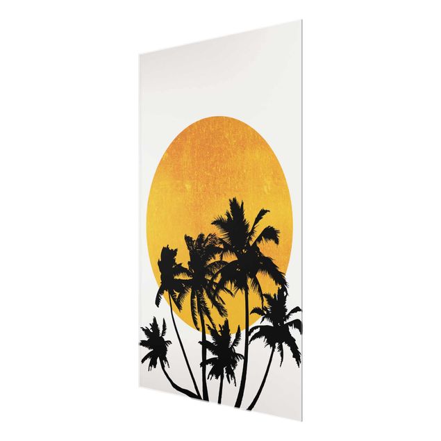 Glasbilder Palmen vor goldener Sonne