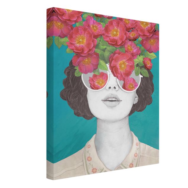 Moderne Leinwandbilder Wohnzimmer Illustration Portrait Frau Collage mit Blumen Brille