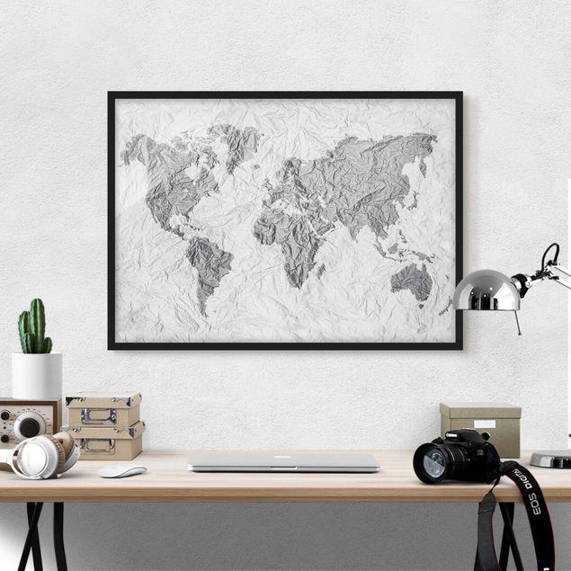 Schwarz-Weiß Bilder mit Rahmen Papier Weltkarte Weiß Grau