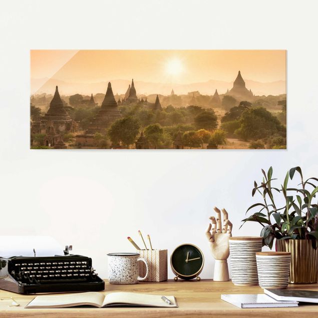 Glasbild - Sonnenuntergang über Bagan - Panorama