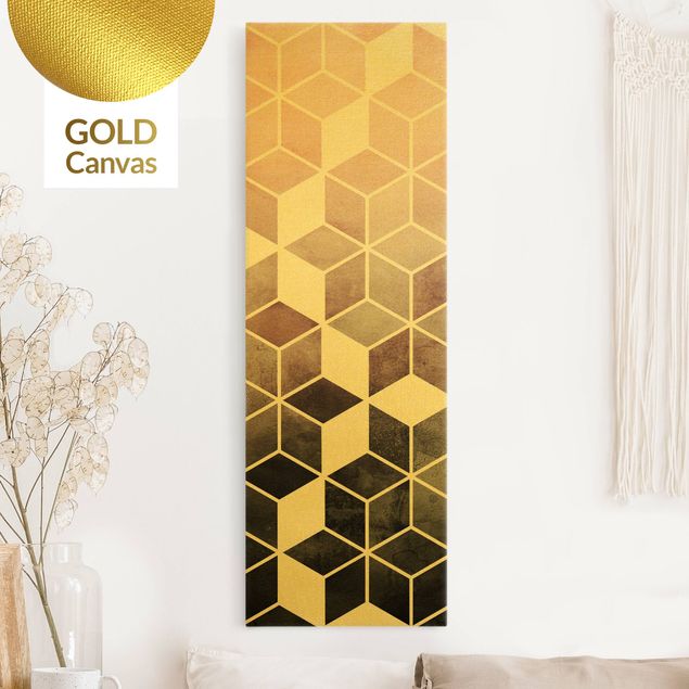 Leinwandbild Gold - Goldene Geometrie - Rosa Grau - Hochformat 1:3