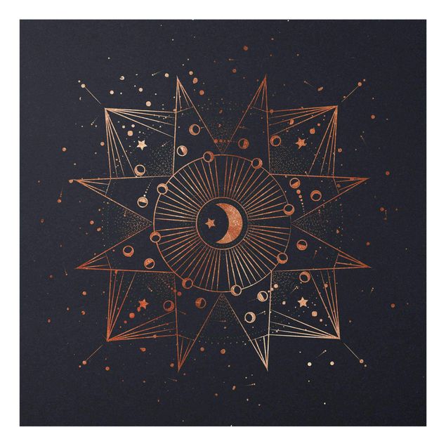 Glasbild - Astrologie Mond Magie Blau Gold - Quadrat 1:1