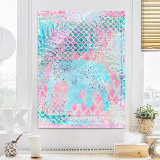 Wandbilder Tiere Bunte Collage - Elefant in Blau und Rosa