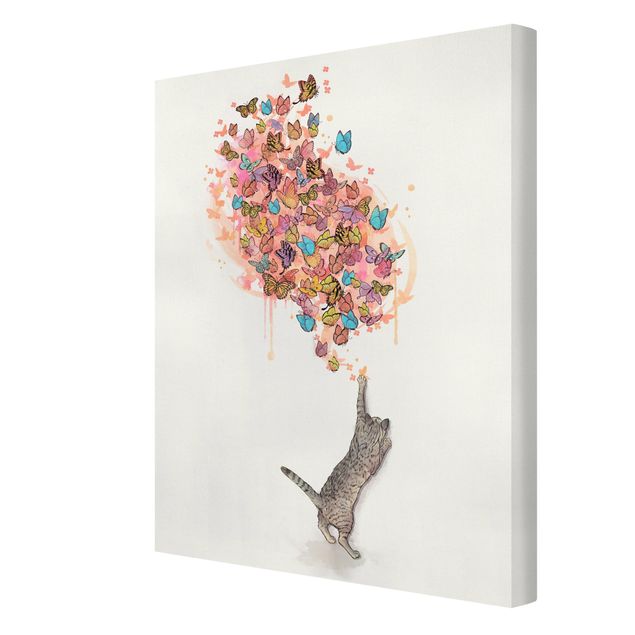 Leinwandbild Kunstdruck Illustration Katze mit bunten Schmetterlingen Malerei
