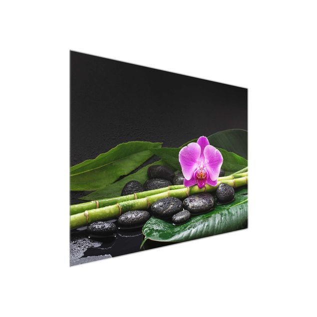 Natur Glasbilder Grüner Bambus mit Orchideenblüte