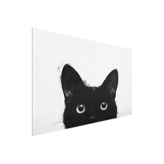 Glasbilder Schwarz-Weiß Illustration Schwarze Katze auf Weiß Malerei