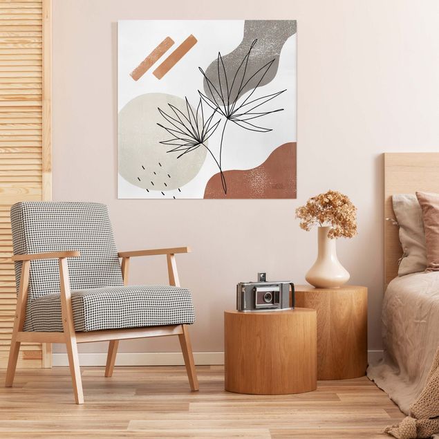 Leinwandbilder Wohnzimmer modern Fächerpalme Lineart und Terracotta Farben