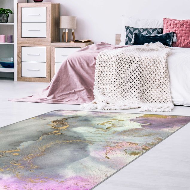 Teppich abstrakt Farbexperimente Marmor Regenbogen und Gold