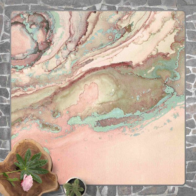Teppich abstrakt Farbexperimente Marmor Rose und Türkis