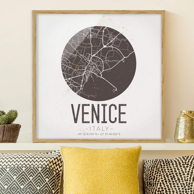 Schwarz-Weiß Bilder mit Rahmen Stadtplan Venice - Retro