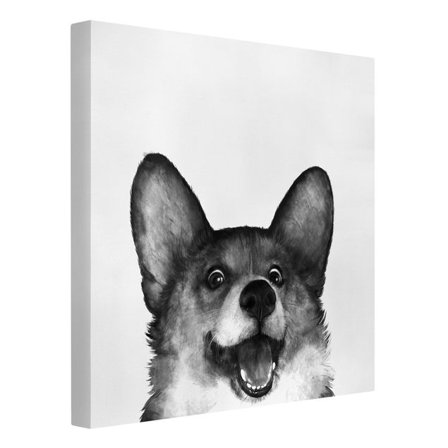 Leinwandbild - Illustration Hund Corgi Weiß Schwarz Malerei - Quadrat 1:1