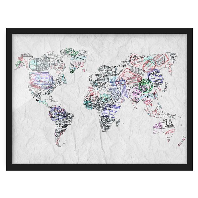 Wandbilder mit Rahmen Reisepass Stempel Weltkarte