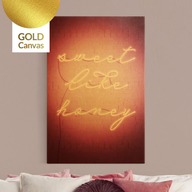 Leinwandbild Gold - Neon Schriftzug - sweet like honey - Hochformat 2:3
