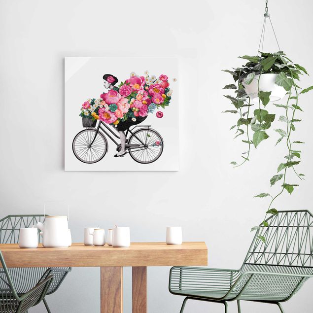 XXL Glasbilder Illustration Frau auf Fahrrad Collage bunte Blumen